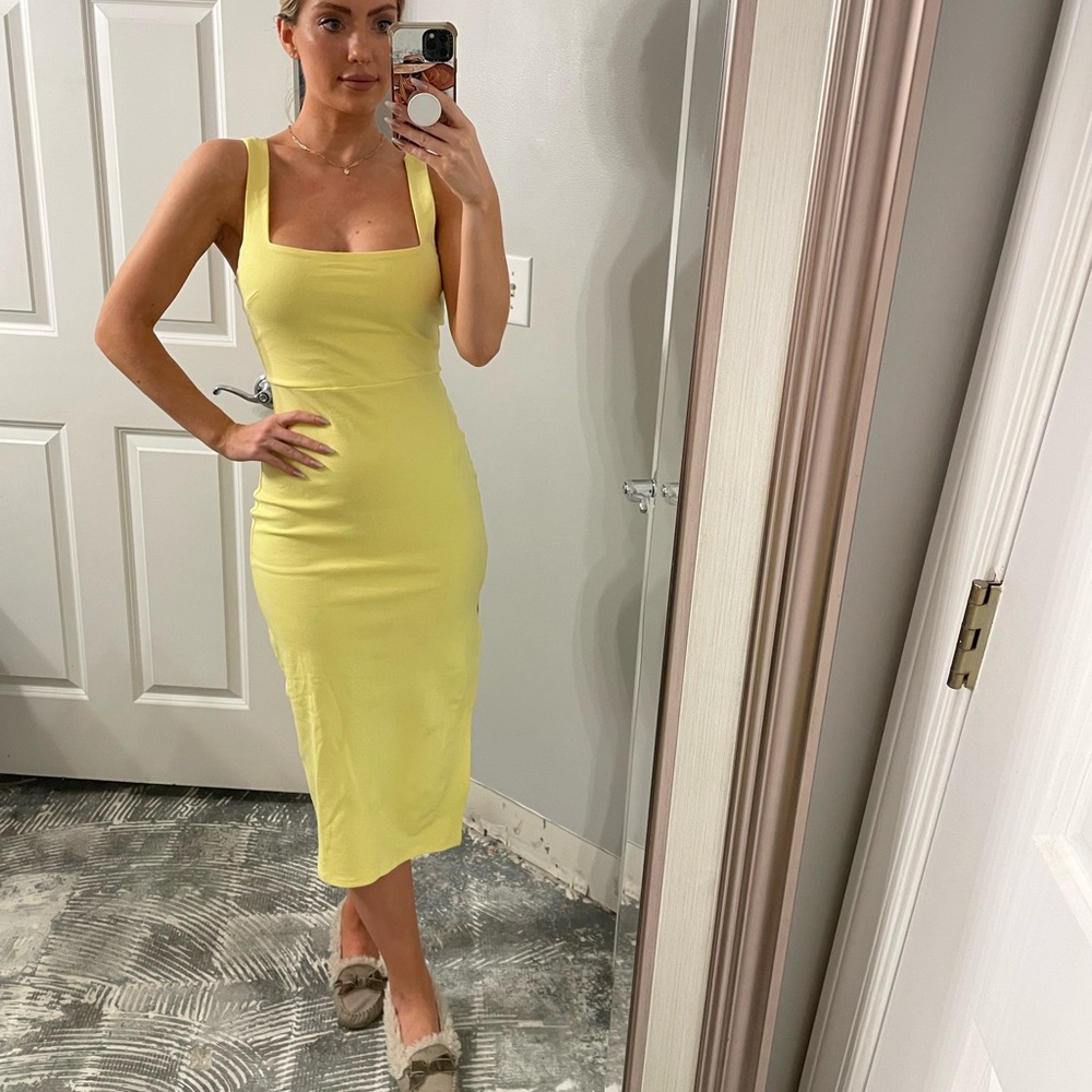 Yellow Bodycon Square Neck Tank Midi Dress - Picture 3 of 12